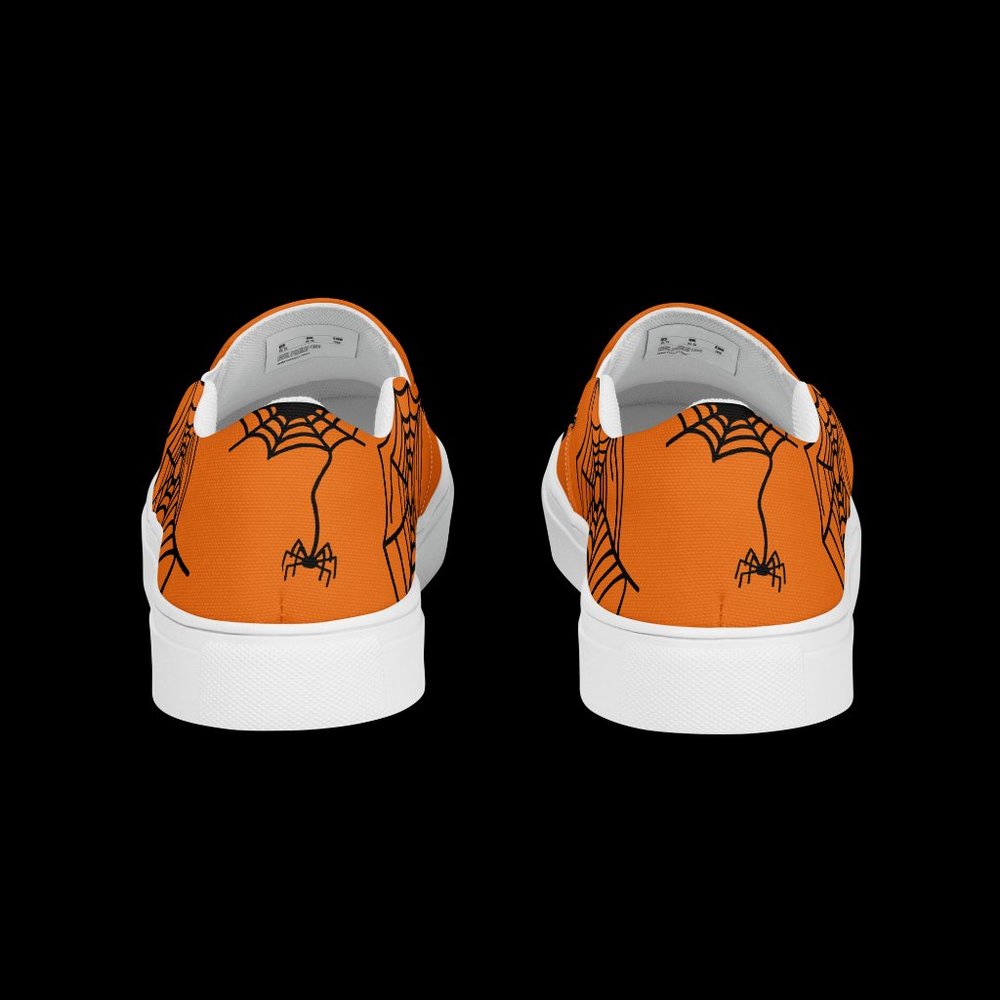 women's slip-on spider canvas shoes orange & black Halloween  fall spiderweb - Picture 3 of 14